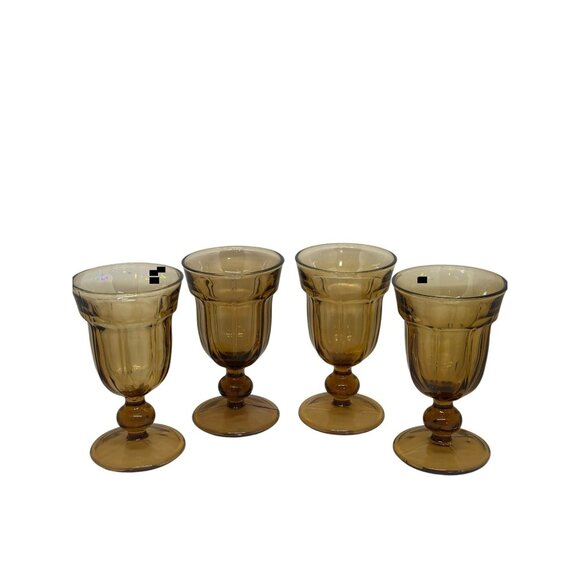 VTG Noritake Provincial Paneled Brown 5.5 inch tall Glass Water Goblet Set of 4 - Picture 1 of 8